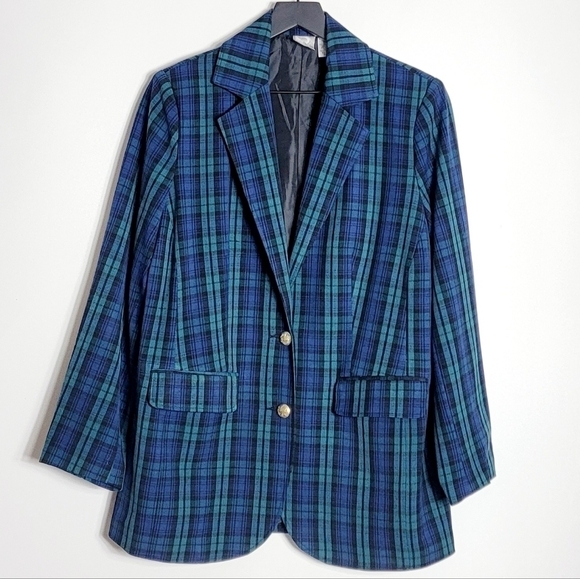 Vintage Roaman's Career Blue/Green Plaid Academia Women's Blazer Size 12W - Picture 1 of 5